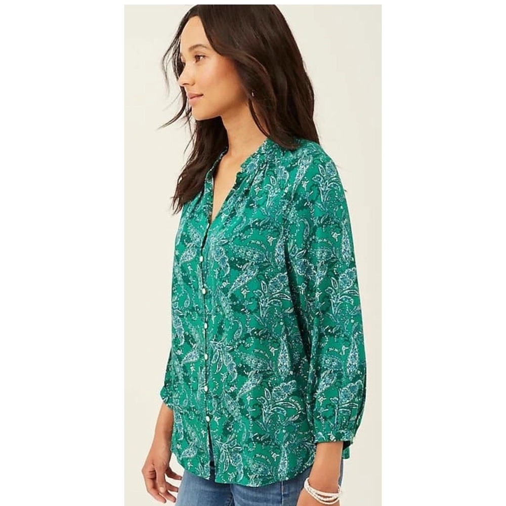 J. Jill Women Button Front Blouse 2X Green Paisley Ruffle Neck Coastal‎ Resort